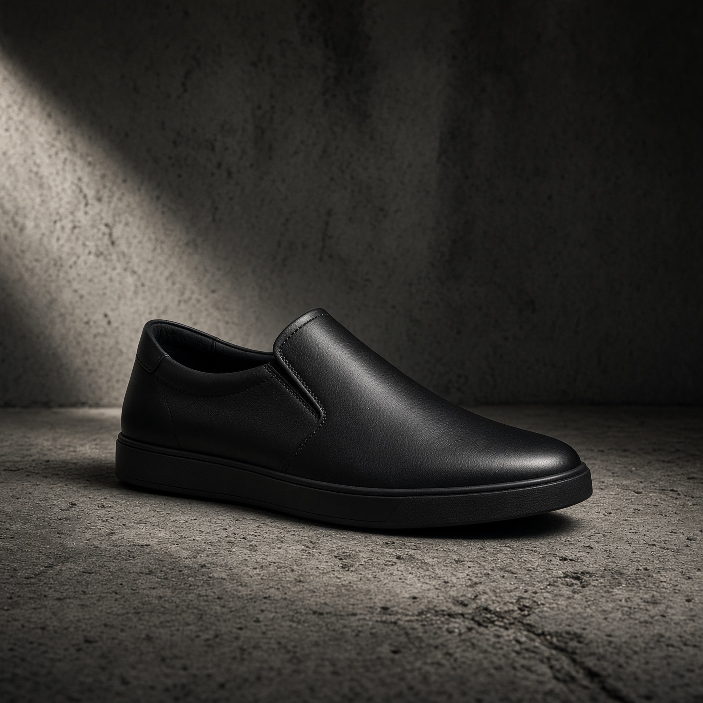 A single matte black leather slip sneaker on raw concrete.