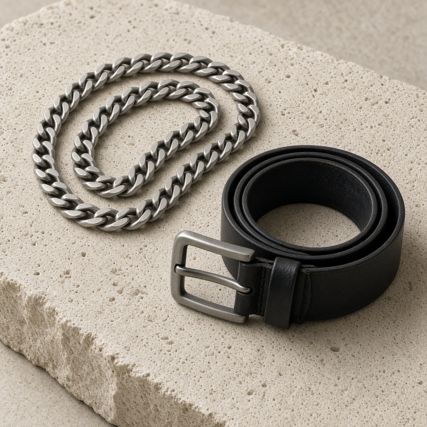 Brushed steel curb chain on pale limestone.